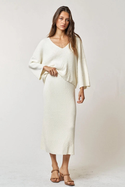 Thin Ribbed Long Sleeve Top + Skirt Set - Cream