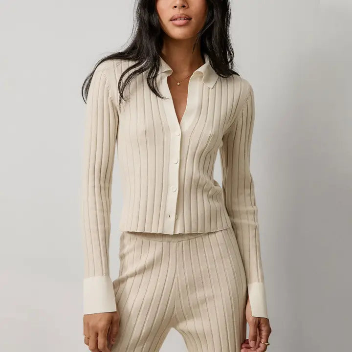 Lunya - Cotton Silk Ribbed Button Up - Calm Tan/Sincere White