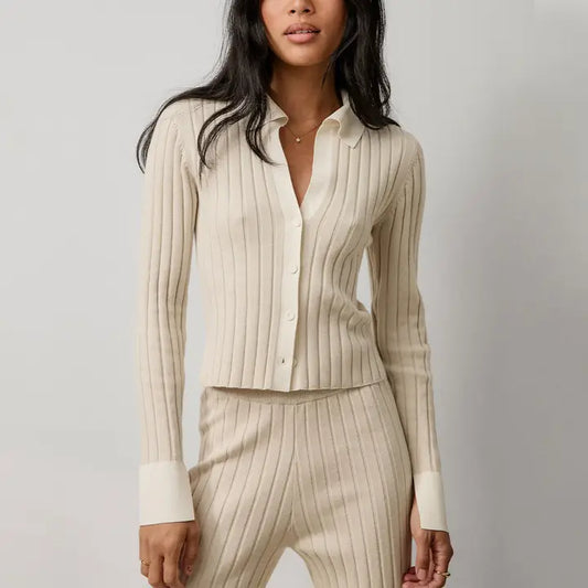 Lunya - Cotton Silk Ribbed Button Up - Calm Tan/Sincere White