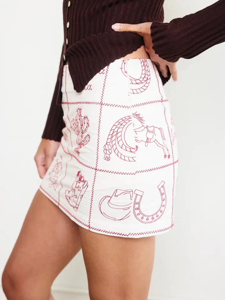 Western Flair Mini Skirt - Cream & Red