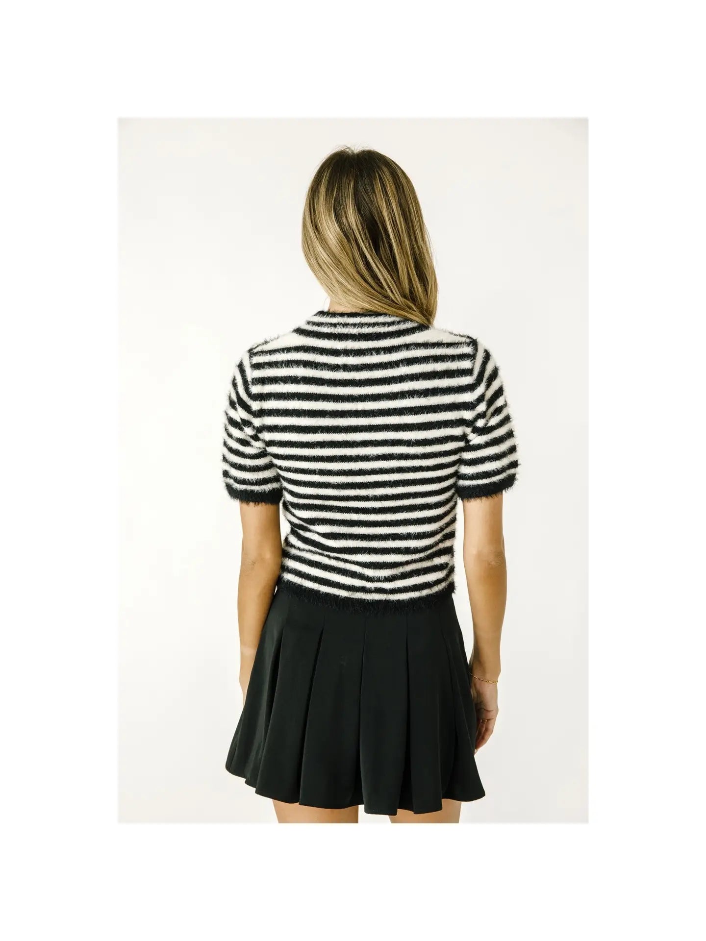 Short Sleeve Fuzzy Top - Black + White Stripe