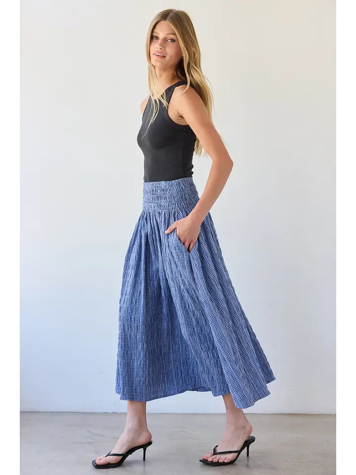 Smocked Waist Midi Skirt - Blue Check