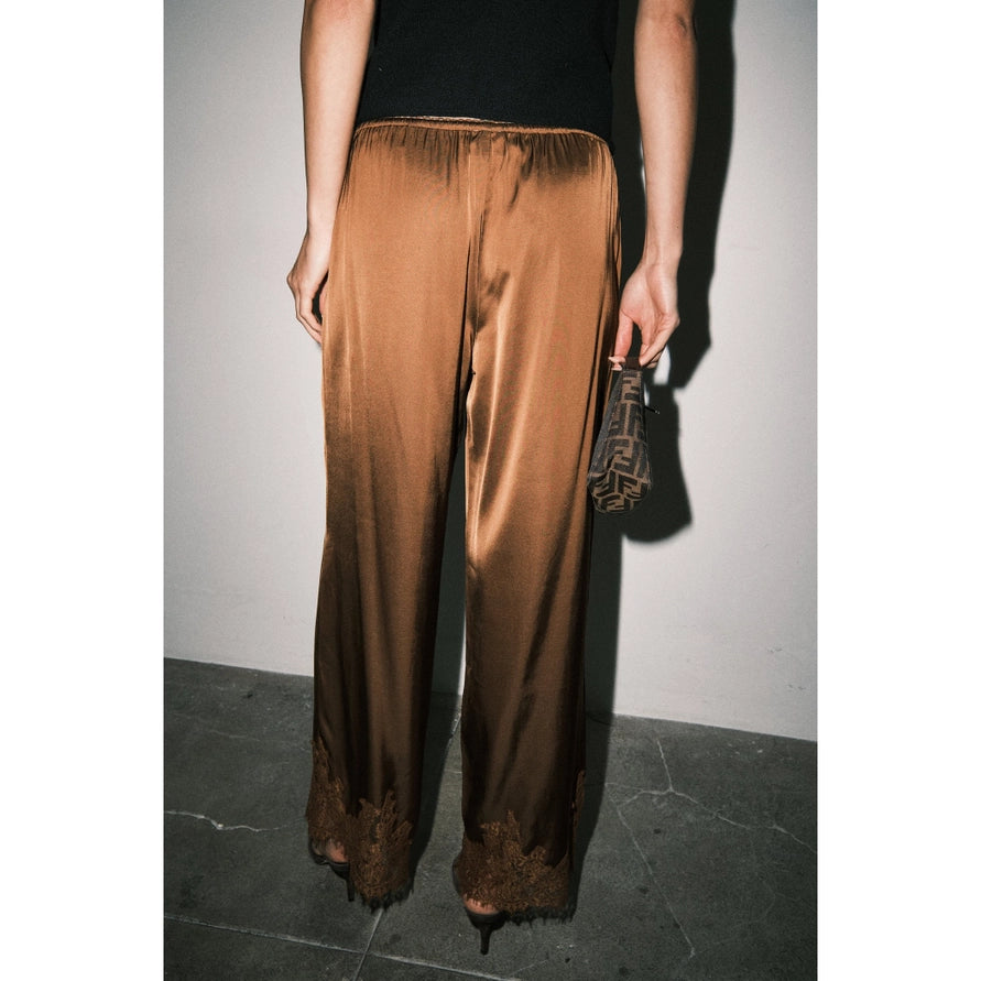 Satin Lace Hem Wide Leg Pant - Brown