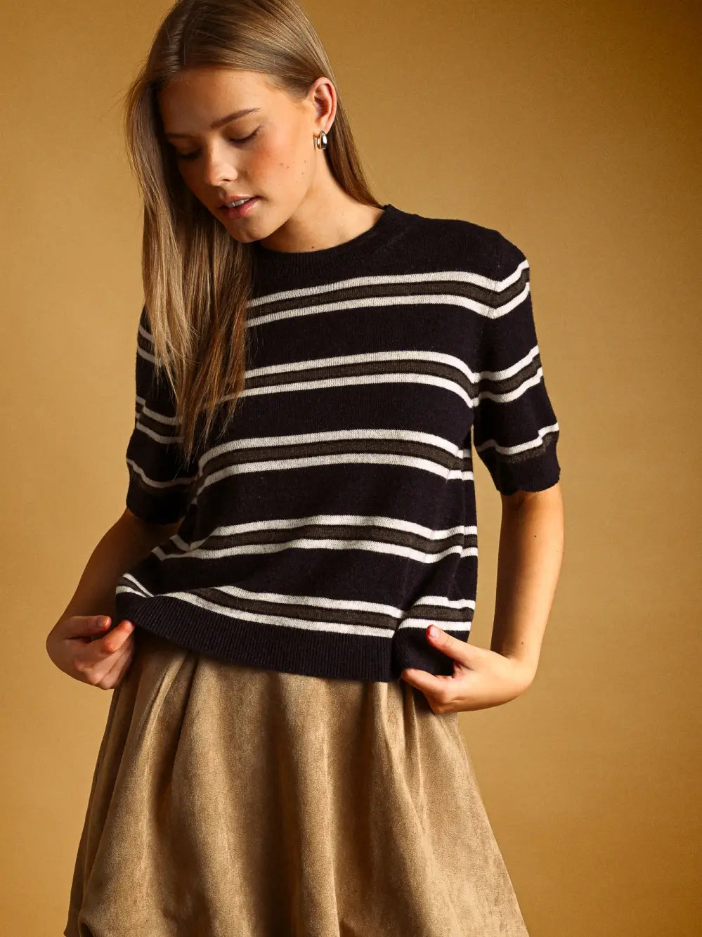 Short Sleeve Knit Top - Navy Multi