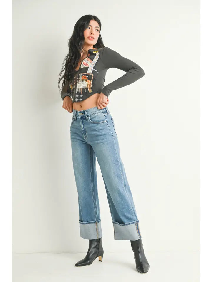 Petite Cuffed Slim Wide Denim Pant - Medium Denim