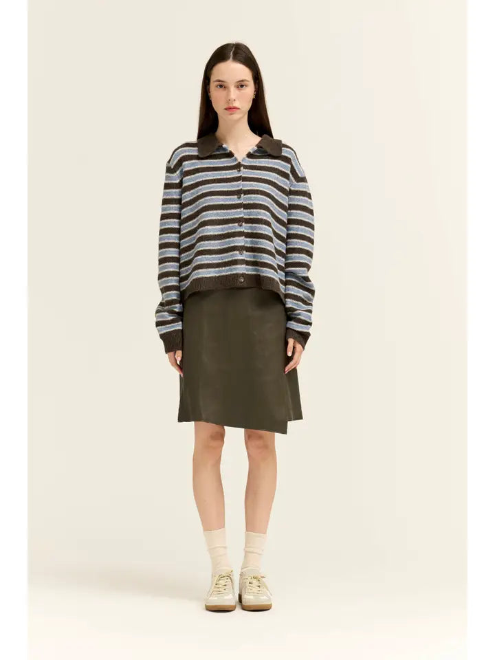 Grade + Gather - Stripe Collared Cardigan - Chocolate Blue