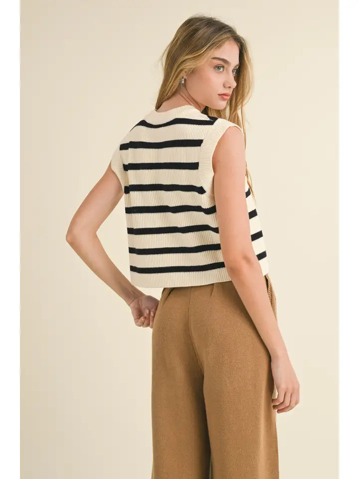 Striped Sweater Vest - Black + Cream