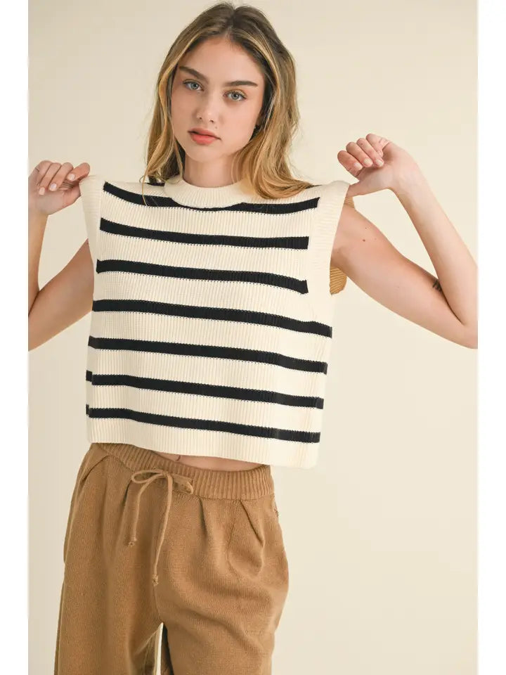 Striped Sweater Vest - Black + Cream