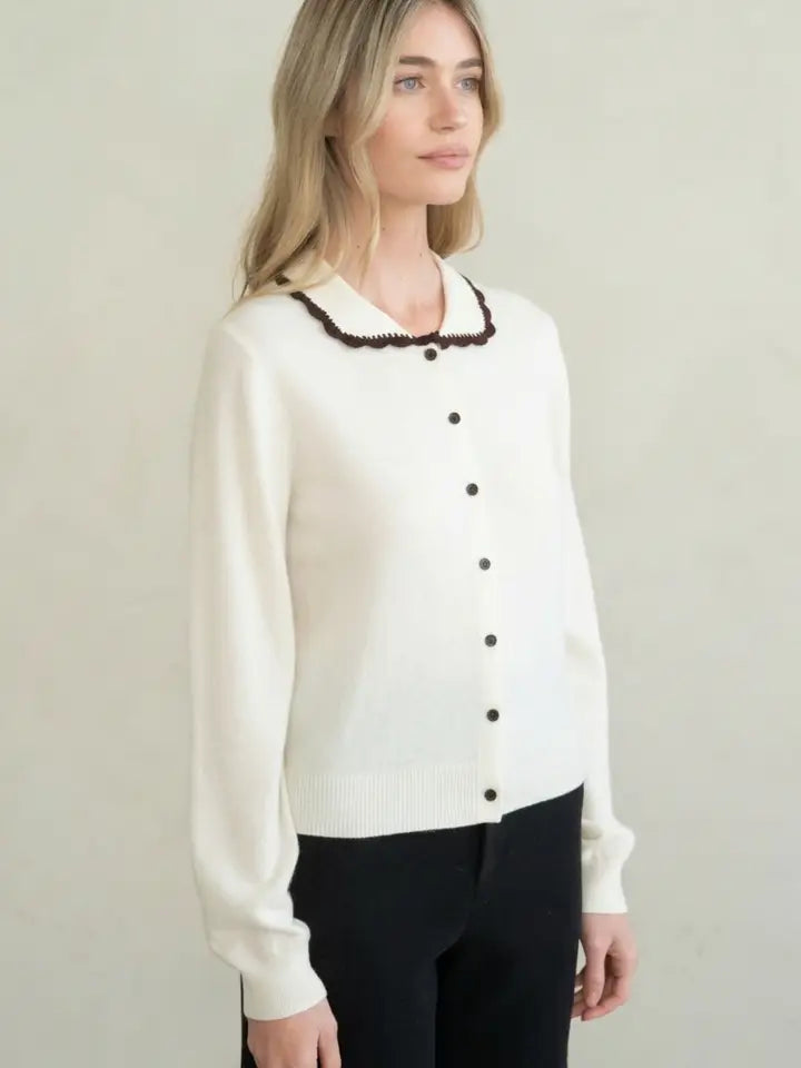 Contrast Scalloped Collar Cardigan - Ivory