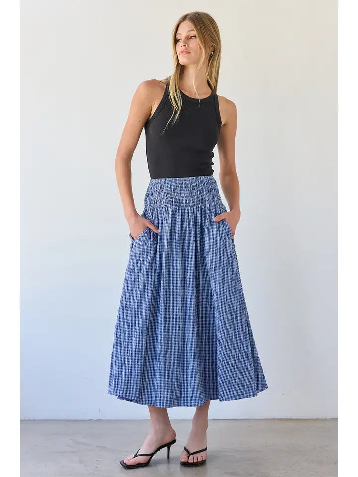Smocked Waist Midi Skirt - Blue Check