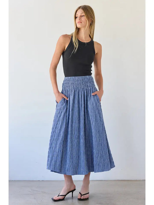 Smocked Waist Midi Skirt - Blue Check