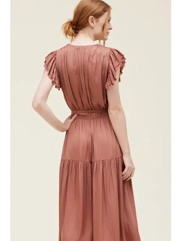 Grade + Gather - Bubble Sleeve Satin Dress - Rosewood