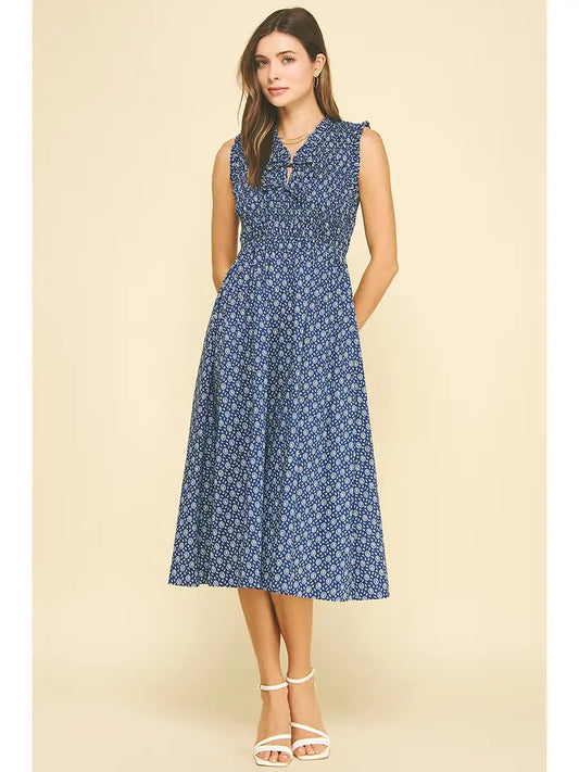 Floral Front Tie Midi Dress - Navy