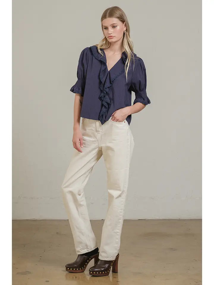 Ruffle Trim Lace Detail Blouse - Navy