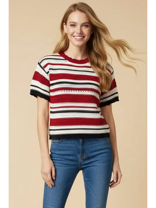 Striped Short Sleeve Crochet Knit Top - Red Multi