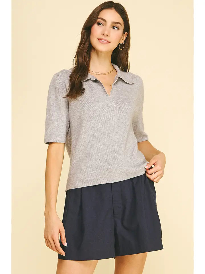 Ribbed Short Sleeve Polo Sweater - Heather Grey
