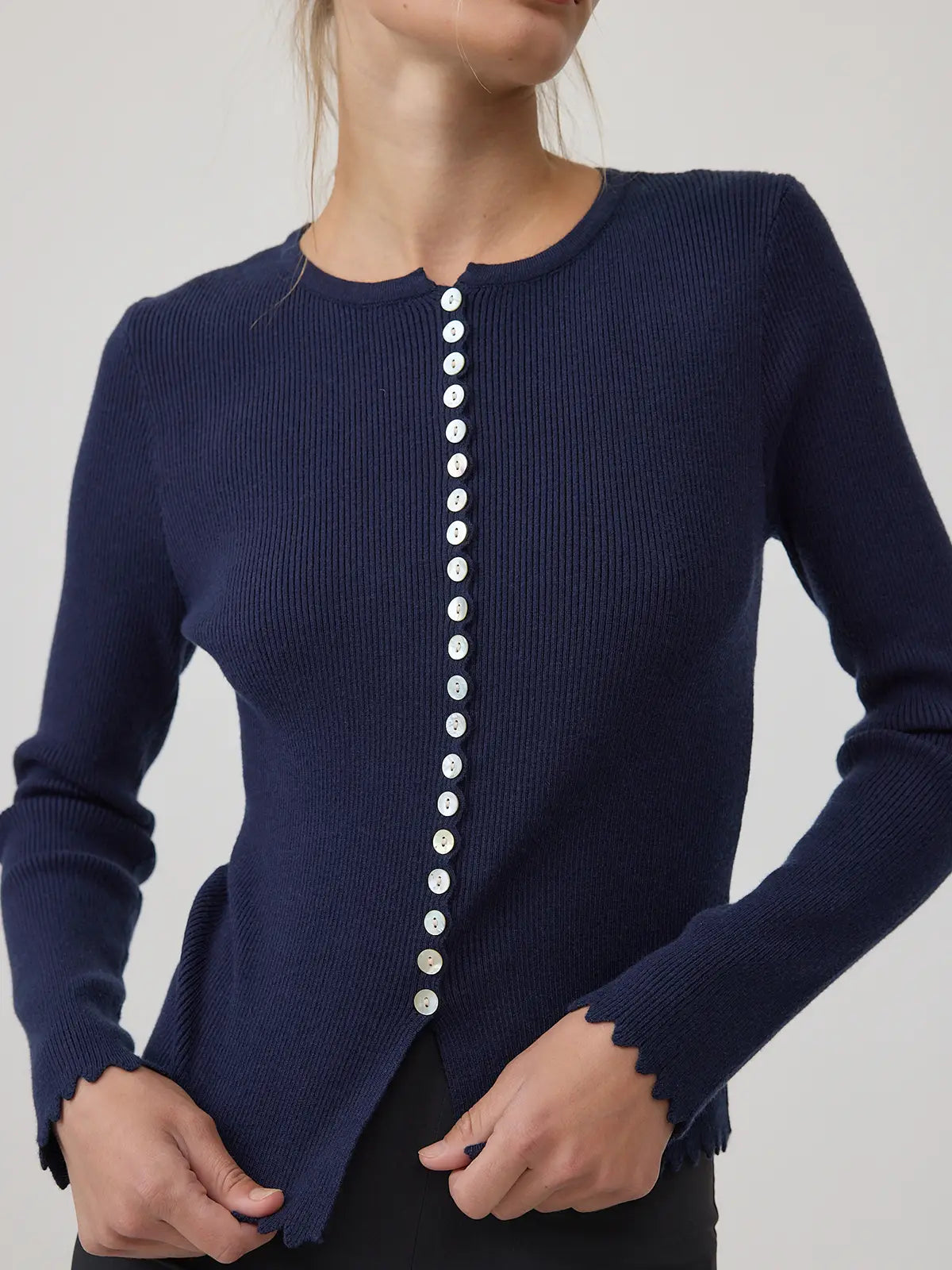 Button Ribbed Knit Cardigan - Navy