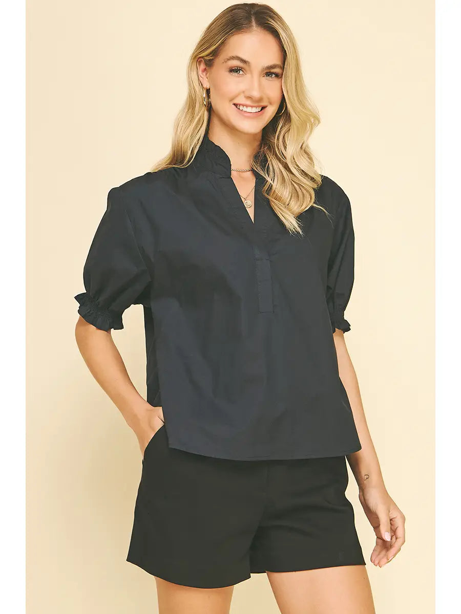 Balloon Sleeve Blouse Top - Denim Black