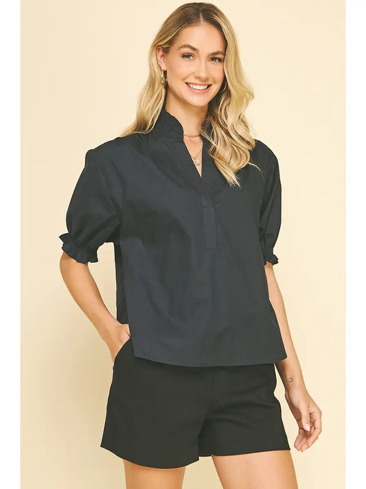 Balloon Sleeve Blouse Top - Denim Black