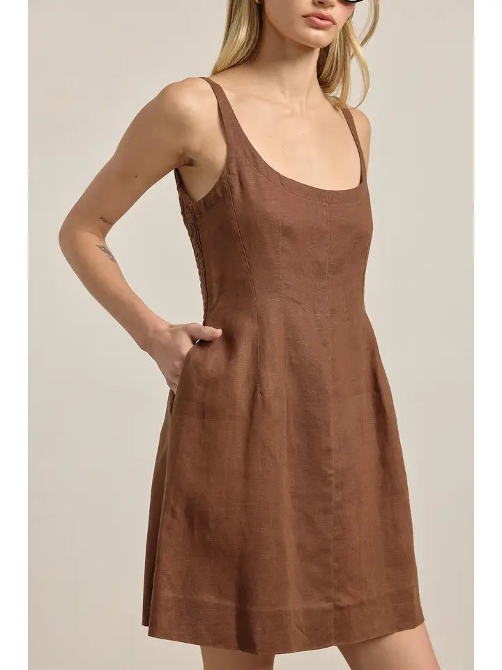 Linen Square Neck Mini Dress - Brown SANNA baby and child Linen Square Neck Mini Dress - Brown SANNA baby and child