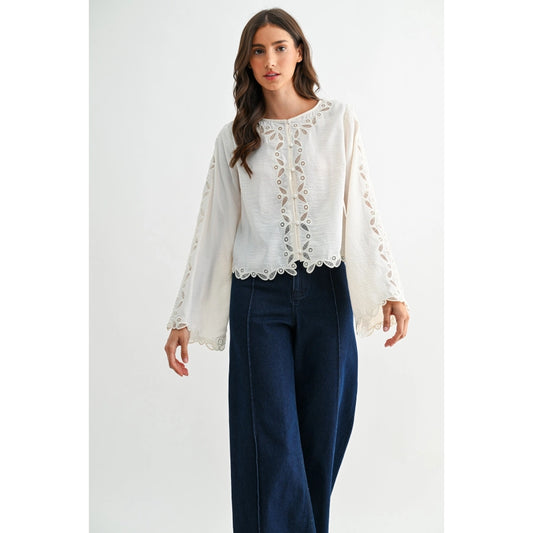 Ivory Scalloped Embroidered Lace Button Blouse - Ivory