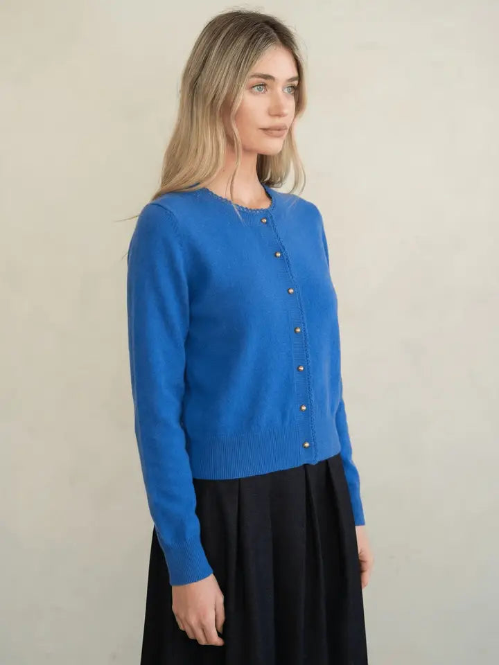 Scalloped Trim Knit Cardigan - Blue