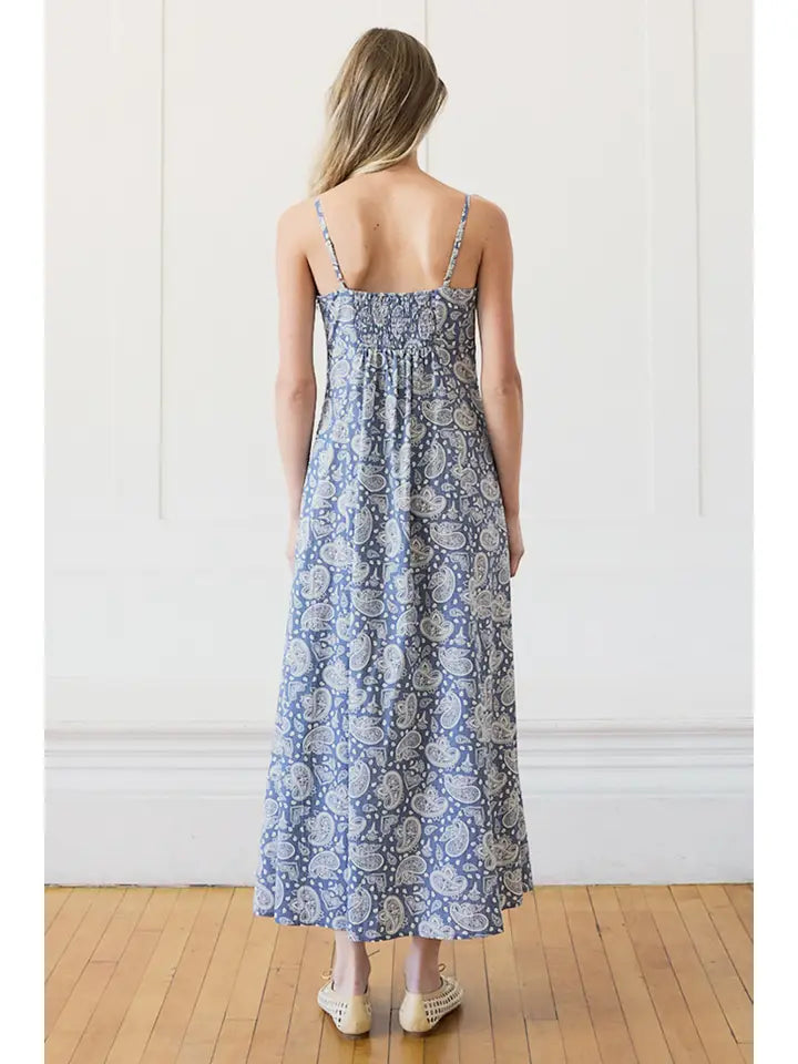Paisley Smocked Back Midi Dress - Slate Blue