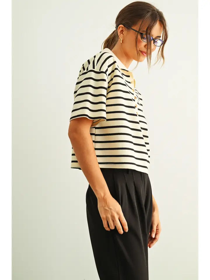 Stripe Short Sleeve Polo Shirt - Cream & Black