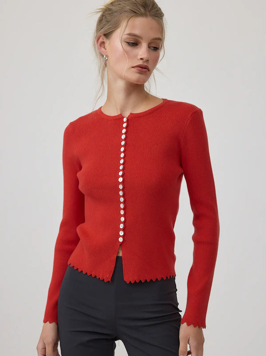 Button Ribbed Knit Cardigan - Red