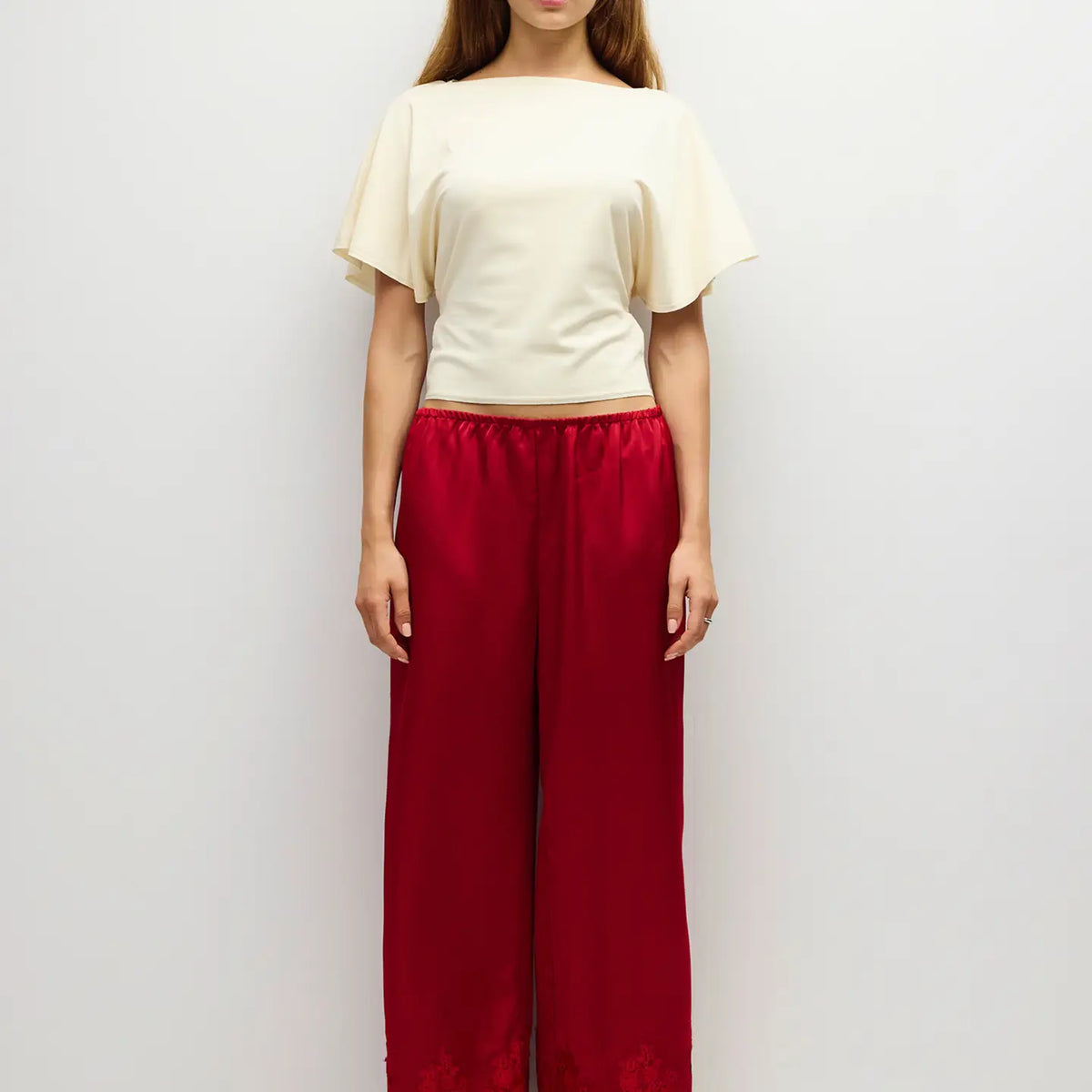 Elastic Wide Leg Satin Pant - Red