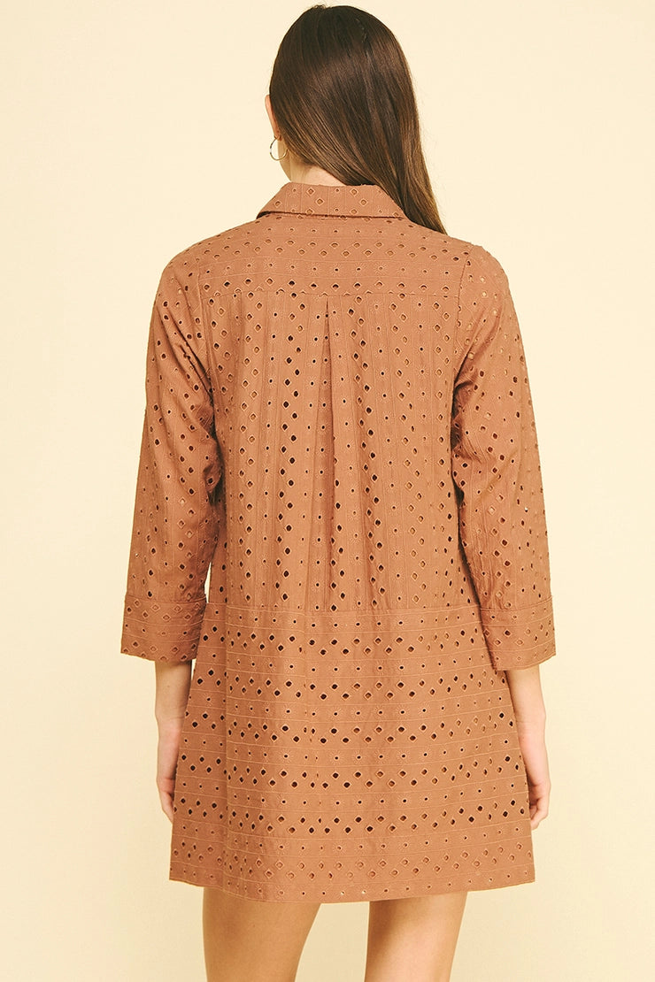 Eyelet Detailed Mini Dress - Brown