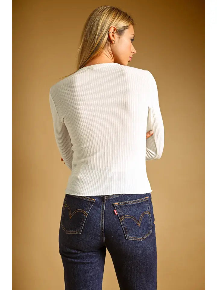 Long Sleeve Ribbed Top - Ivory