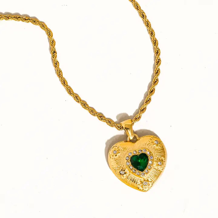 Akira 18K Gold Non-Tarnish CZ Heart Necklace - Green