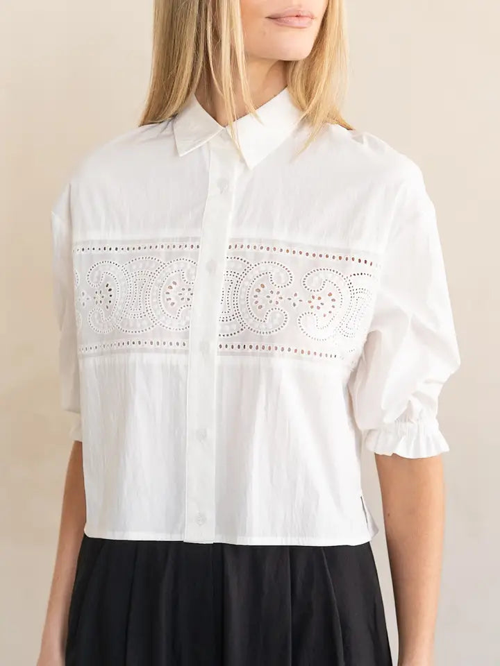 Eyelet Lace Panel Button Up Blouse - White