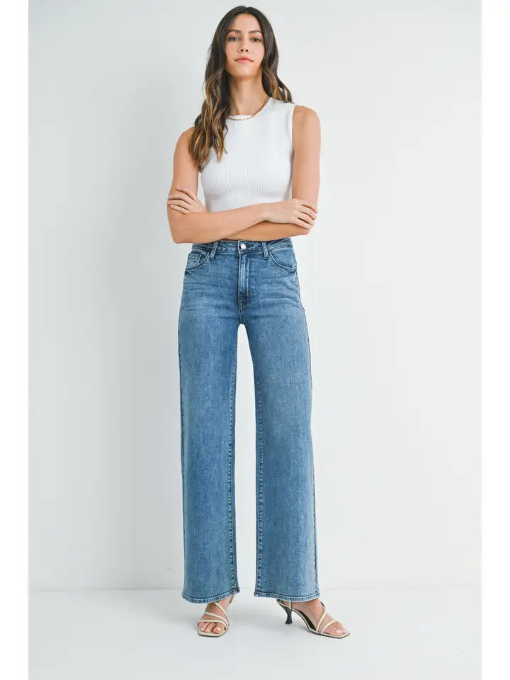 Stretchy Wide Leg Denim Jeans - Dark Denim