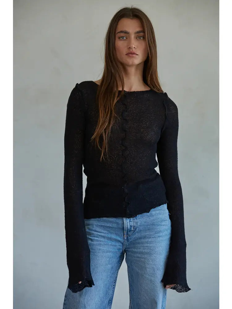 Knit Long Sleeve Asymmetrical Top - Black