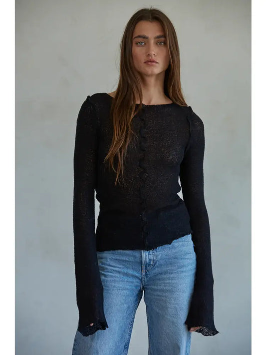 Knit Long Sleeve Asymmetrical Top - Black