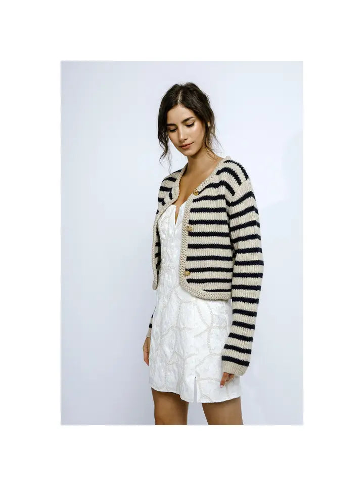 Nautical Stripe Thick Knit Cardigan - Beige & Navy Stripe