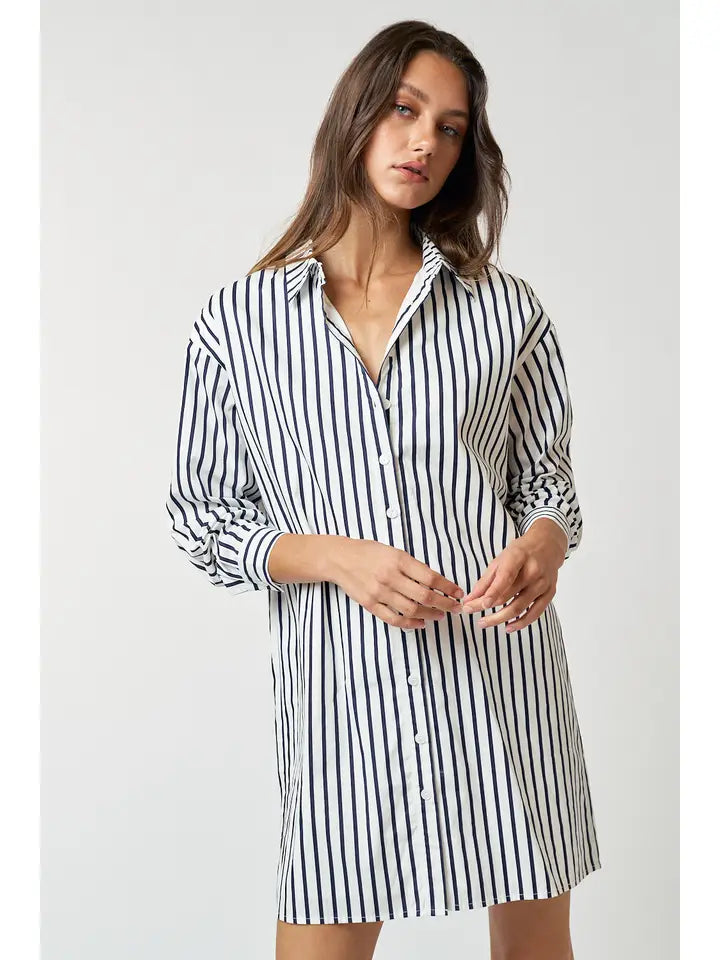 Striped Collar Button Up Shirt Dress - Off White + Navy