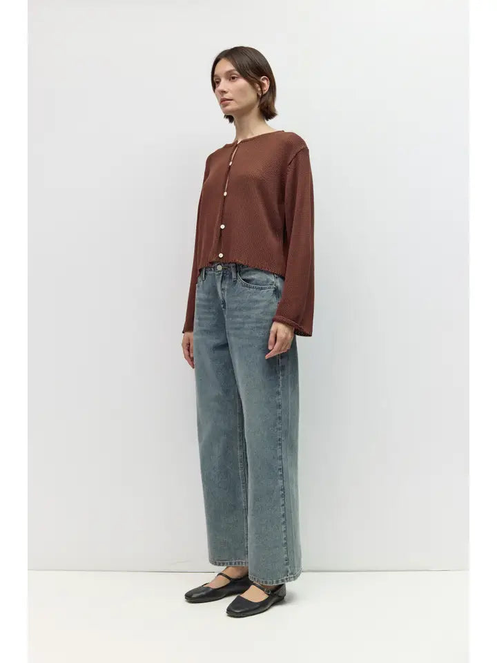 Open Button Hole Long Sleeve Cardigan - Brown