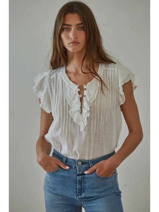 Woven Cotton Linen Button V-Neck Short Sleeve Blouse - Off White