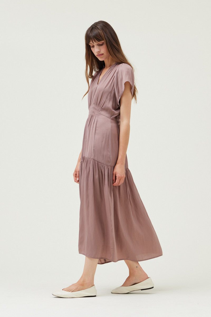 Grade + Gather - Ruffle Satin Midi Dress - Dusty Lilac