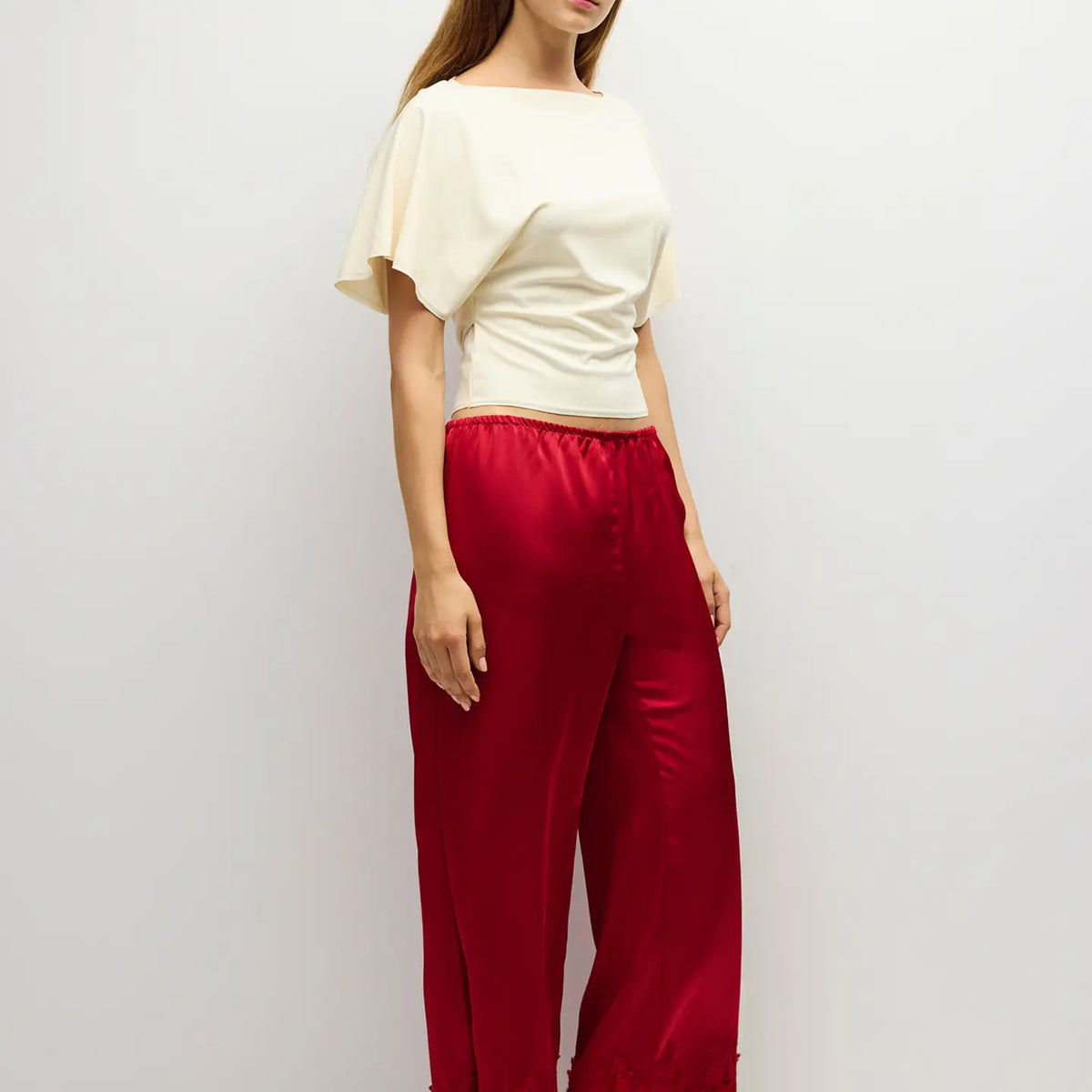Elastic Wide Leg Satin Pant - Red