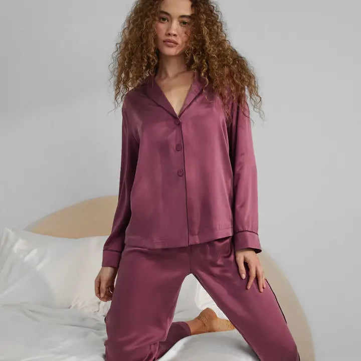 Lunya - Washable Silk Piped Long Sleeve Pant Set - Winter Rose/Calliope Wine