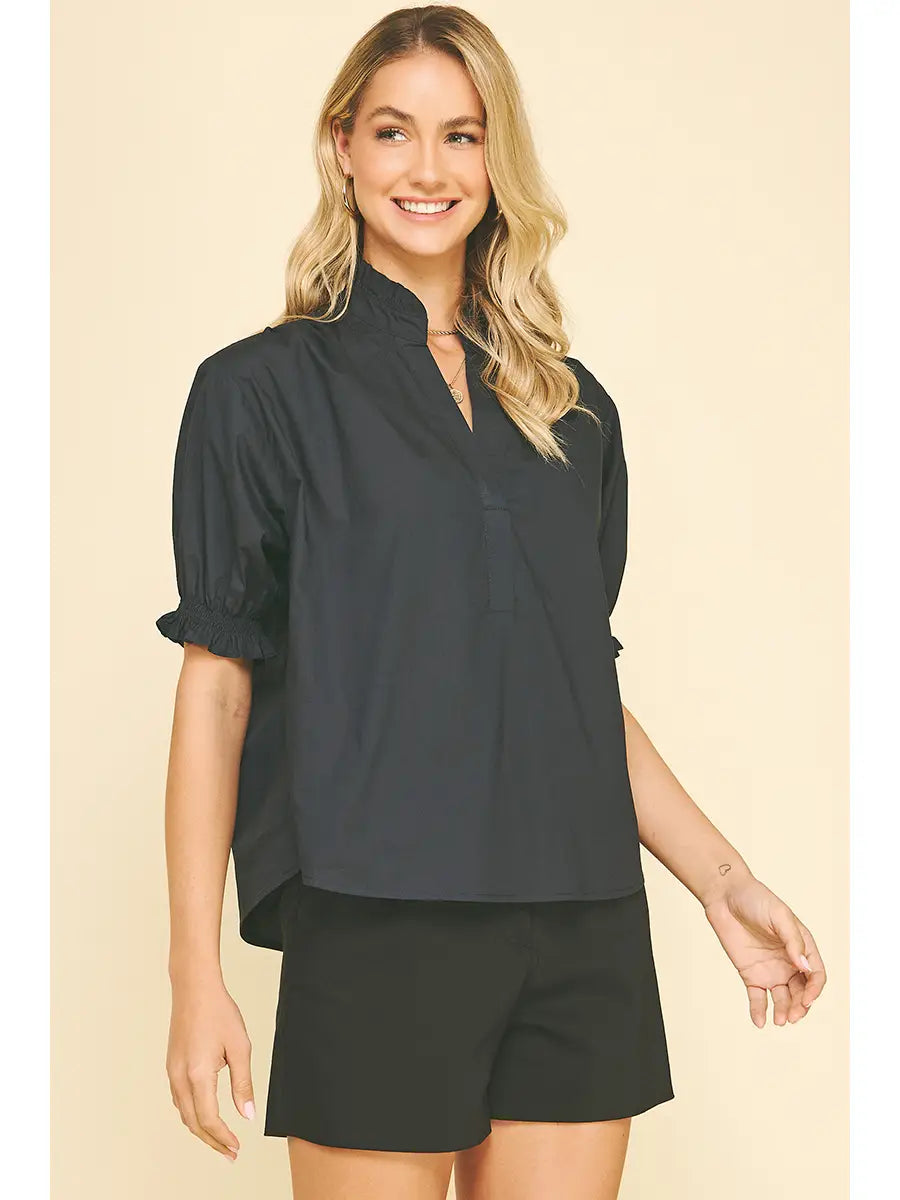 Balloon Sleeve Blouse Top - Denim Black