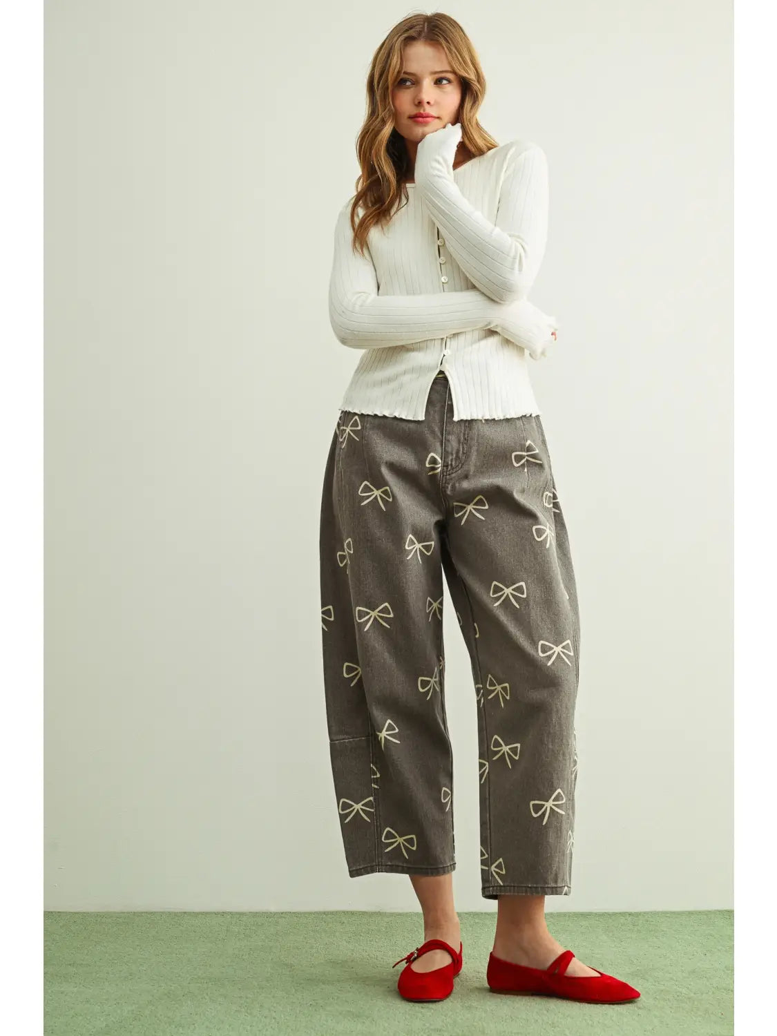 Button Front Ribbed Long Sleeve Knitted Top - Cream