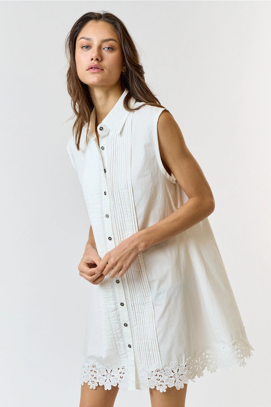 Lace Pintuck Collared Button Down Sleeveless Dress - Off White