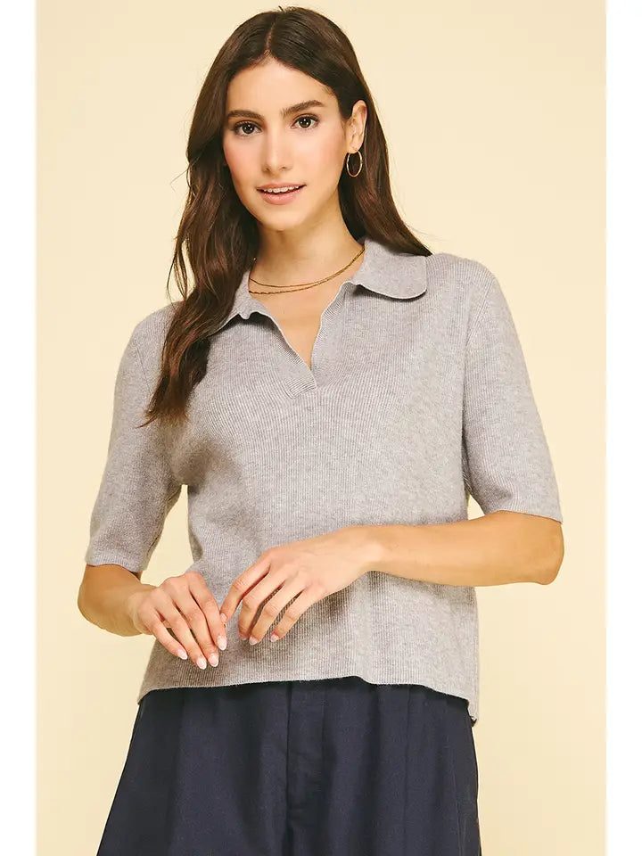 Ribbed Short Sleeve Polo Sweater - Heather Grey
