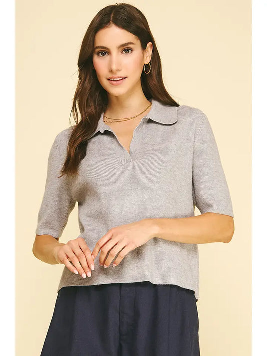 Ribbed Short Sleeve Polo Sweater - Heather Grey