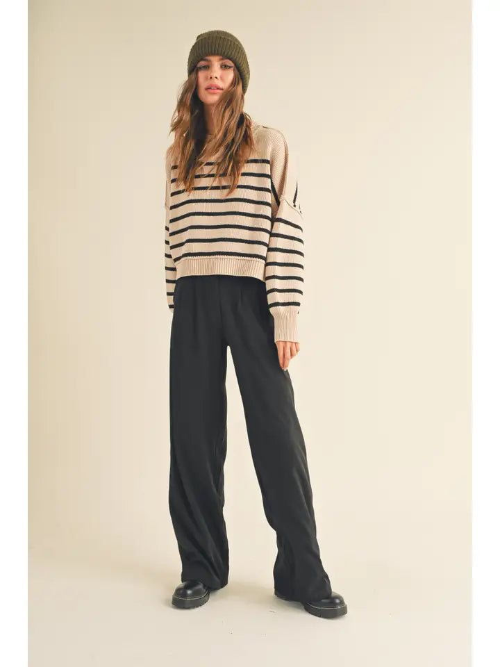 Striped Mock Neck Sweater - Tan & Black